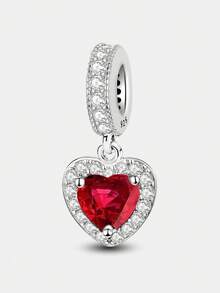 1Pc Fashionable 925 Sterling Silver Sparkling Red Heart Pendant Charm Bead Fit For Women Bracelets Bangles DIY Jewelry Making And Daily Outfit Matching Jewelry Decoration For Girls Valentines - Silver - View 1