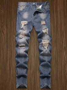 1pc Men's Regular Fit Comfortable Distressed Breathable Blue Denim Jeans, Suitable For Street, Business, Formal, And Outdoor Wear - Blue - View 1