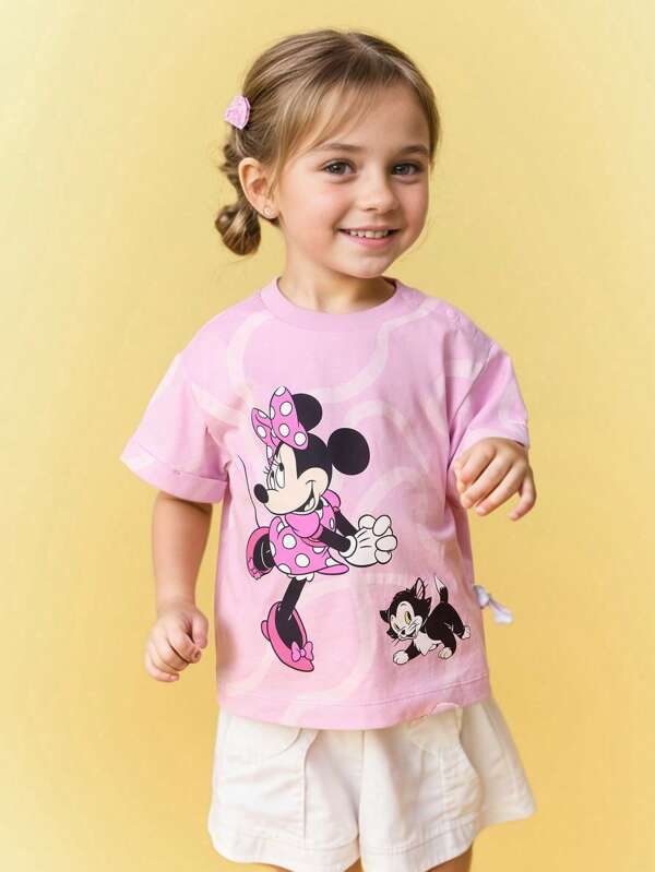 Balabala Camiseta feminina da Disney, manga curta leve e alegre - algodão rosa com camiseta fofa com estampa de desenho animado - desgaste diário confortável para menina