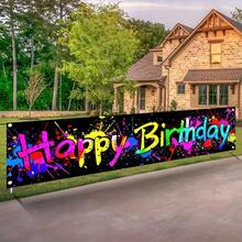1 件涂鸦喷雾飞溅生日快乐横幅 - 由聚酯纤维制成，无需电力，适用于照相亭、嘻哈派对、家居和户外装饰、嘻哈主题装饰 | 喷雾设计 | 鲜艳的印花、嘻哈装饰 - 彩色 - 查看 2