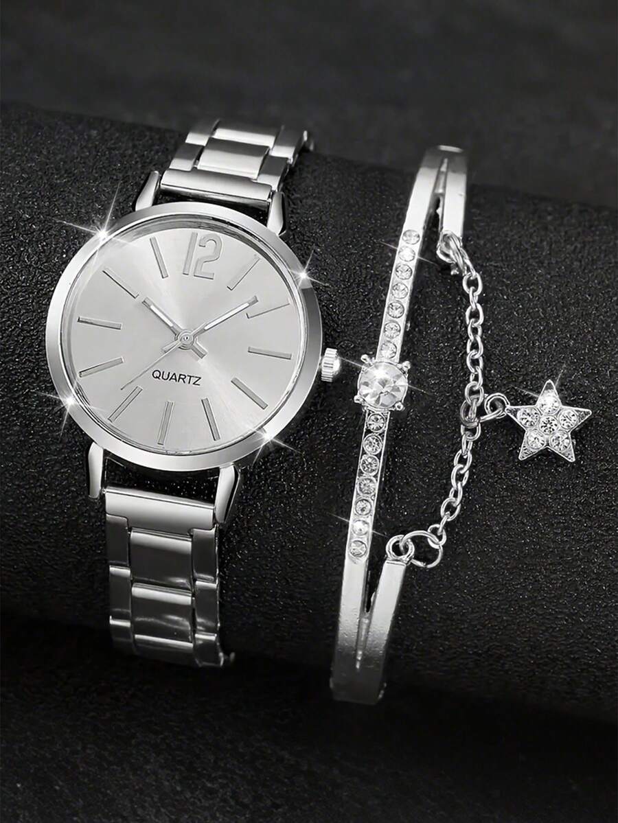 1pc Graduation Digital Small Disc Girls Steel Strap Watch And 1pc Bracelet Jewelry Set For Ladies - Silver - View 1