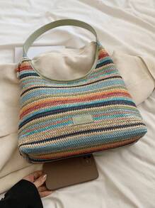 1pc Letter Print Colorful Striped Crescent-Shaped Tote Bag, Versatile Casual Beach Shoulder Bag Suitable For Women, Holiday & Beach Use