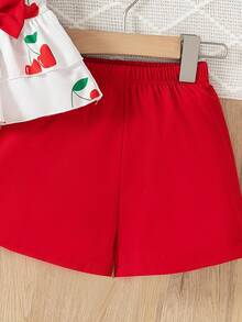 BASUSARRI 女孩 2 件套樱桃印花蝴蝶结吊带上衣和短裤，优雅精致的夏季服装 - 紅色 - 查看 7