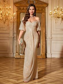 UNITHORSE Women's Shiny Sequin Off-Shoulder Backless Fitted Elegant Party Dress, Bridal Gown, Birthday Dress, Graduation Dress, Formal Dress, Autumn Fashion - Champagne - View 6