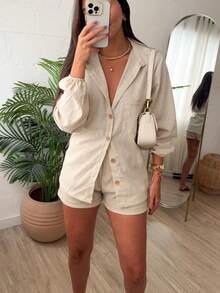 Long Sleeve Top And Shorts Set Combination - 米色 - 查看 2