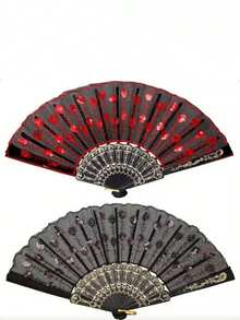 1pc Elegantly Embroidered Sequin Fabric Folding Hand Fan - Multicolor - View 9