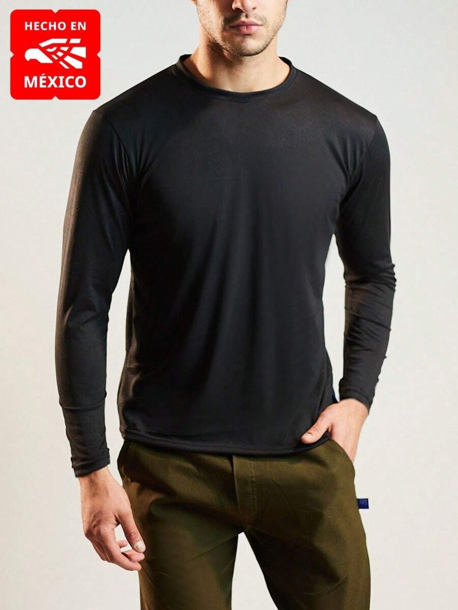 Super Soft Casual Sports Long Sleeve T-Shirt Made Of Premium Elastic Fibers MADE IN MEXICO BLATT - 黑色 - 查看 1