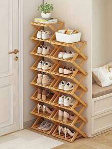 No-Installation Bamboo Shoe Rack - Foldable, Multi-Tier Design, 4-8 Layers, Space-Saving, Suitable For Small Spaces, Entryway Organization. Bamboo Material. Ideal Storage Rack. - Multicolor - View 2