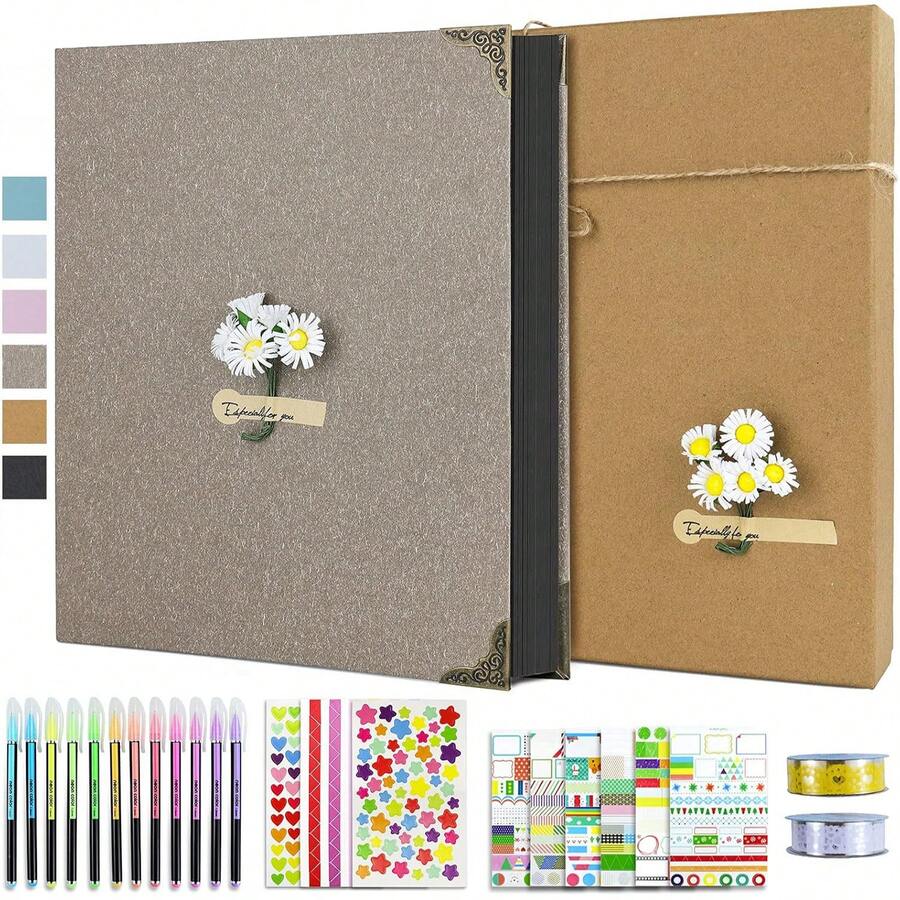 Álbum de recortes DIY con bolígrafo, cinta adhesiva y pegatinas 60 páginas de tapa dura 8.3x10.5 pulgadas 3 anillas de papel en blanco extraíble para San Valentín, amigos, niños y bodas - Gris - Ver 1