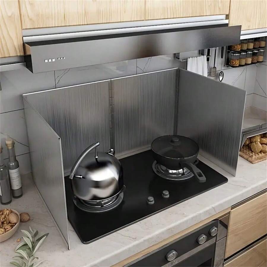 1pc Stainless Steel Kitchen Anti-Oil Splash Guard - Foldable Heat Insulation Cover, For Stove, Countertop And Cabinet Protection, Ideal For Cooking, Outdoor Camping And Modern Kitchen, Camping Cookware | Modern Kitchen Accessory | Stainless Steel Guard, Stovetop Protector, Slight Color Difference May Exist Due To Lighting, Display, Etc. - Silver - View 1