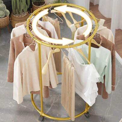 1pc Thick Circular Rotating Clothes Storage Hanging Rack, Floor Standing With Wheels, Easy Drying Rack, Multi-Functional Multi-Layer Metal And PP Clothes Rack, Suitable For Home And Retail Space Garment Storage And Display, Balcony Drying Rack, Clothes Store Display Rack With Wheels, Applicable To Room, Living Room, Balcony, Office
