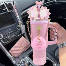Set de 8 piezas de accesorios brillantes para vasos de 30oz y 40oz, que incluye tapa con cubierta de silicona para pajilla, correa de manija para botella de agua, cadena de encanto, gancho con forma de corazón, funda para vaso, lazo decorativo para pajilla - Regalo ideal para el Día de San Valentín, Día de la Madre, útiles escolares