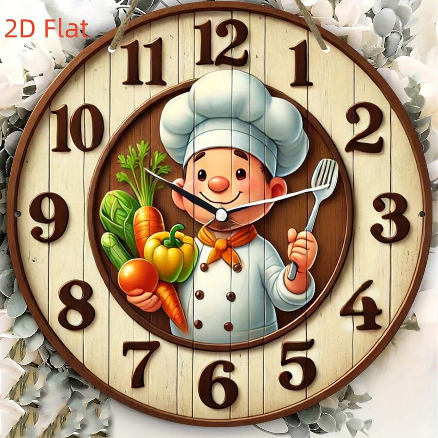 7.87" 2D Wooden Airplane Hanging Decor, Modern Chef Theme Round Non-Electric Wall Clock, Flat Printed, Multipurpose, Wooden Crafted, No Text, Powerless, Handmade, Suitable For Home, Office, Bedroom - Multicolor - View 1