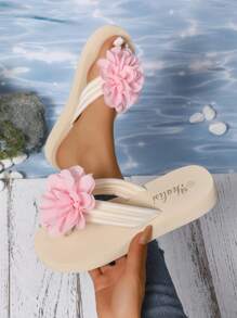Teenage Thick Sole Round Toe Flower Decor Flip Flops, Printed Anti-Slip Beach Sandals, Fashionable Resort Style