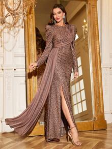 Women Elegant Sequin Decorated Round Neck Princess Sleeve Split Hem Formal Evening Dress,Party Dress,Gown,Wedding Guest Spring - Coffee Brown - View 1