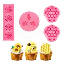Silicone Mold Set With Bee, Honeycomb, Sunflower Motifs, DIY Cake, Chocolate, Fondant Baking Decor Tool - Pink - View 9