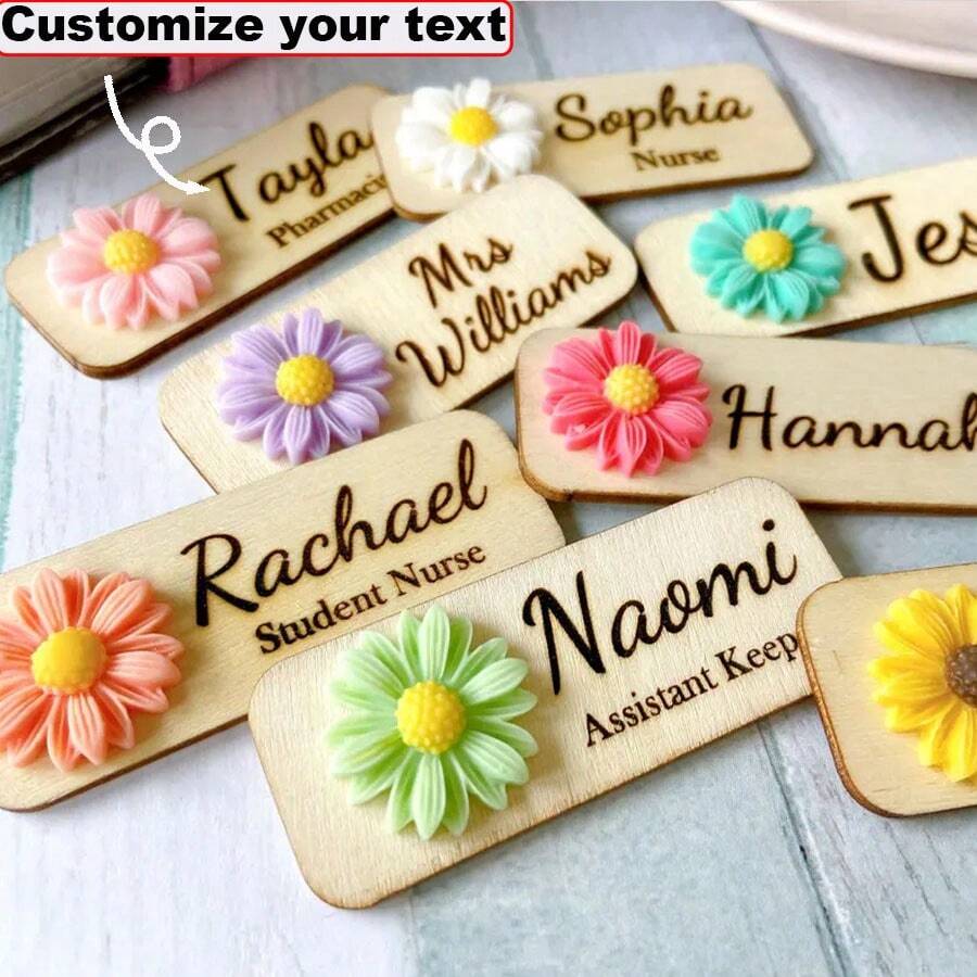 Personalizowana 3D Chryzantema Drewniana Etykieta z Nazwą Z Magnetycznym Lub Przypinanym Podkładem, Kwiat Stokrotki Pielęgniarka Nauczyciel Lekarz Etykieta z Nazwą, Pielęgniarka Odznaka