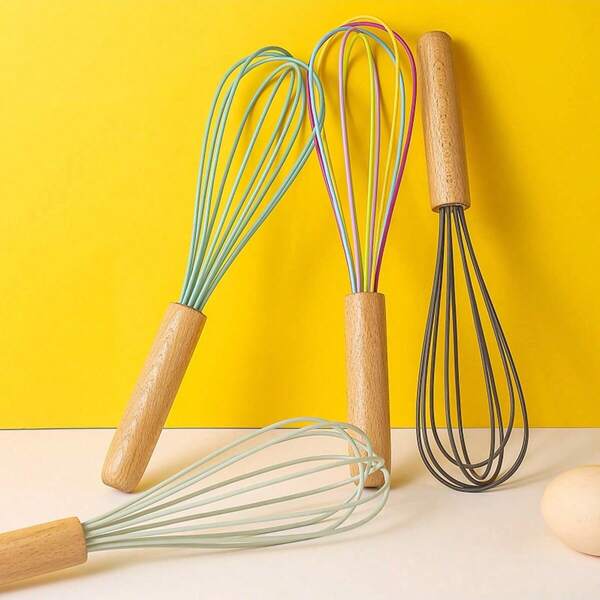 1 Peça Batedor de Arame de Silicone com Cabo de Madeira, Batedor Manual de Creme para Bolo, Ferramenta de Mistura de Massa, Utensílio de Cozimento