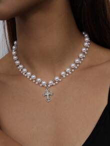 1pc Creative Double-Layer Pearl Cross Necklace, For Daily Wear - Silver - View 9