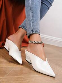 Women's Fashion Versatile Pointed Toe Deep V Thick Heel Mule Slip On Shoes, Elegant & Comfortable For Commute, Banquet, Party, Gathering. PU Leather Cream White High Heel Sandals, Sexy Backless Chunky Heels, Spring/Summer Mid Heel Shoes - Chantilly - View 4