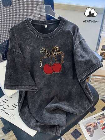 Women Vintage Wash Round Neck Loose Graphic Print T-Shirt, Simple Stylish Casual Everyday Wear, Summer