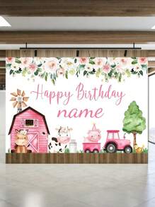 1pc Customizable Cartoon Farm Animals Happy Birthday Banner - Pink Barn Theme, Personalized Name Options For Birthdays And Anniversaries, Great For Photo Booths And Celebrations, Suitable For Porch Decorations, Indoor/Outdoor Celebrations, Anniversaries, Graduation - Versatile Party Backdrop Banner In Three Sizes!