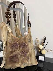 New Retro Grass Tie-Dye Rose Flower Bag Pleated Armpit Bag Commuter Tote Bag Shoulder Handbag Valentines - 杏色 - 查看 2
