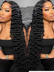 Uveous 40inch 250% Density 13x4 Deep Wave Lace Front Wigs Human Hair 250 Density Deep Curly Human Hair Wig 13x4 HD Transparent Wet And Wavy Lace Frontal Wigs For Women With Baby Hair Natural Black - Natural Black - View 2