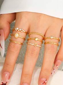 FUNEIA 8PCS/Set 14K Gold Plated Stackable Rings - Dainty Cubic Zirconia Heart & Plain Band Stacking Rings For Women, Non-Tarnish Everyday Jewelry Gift - Vàng - Xem 1
