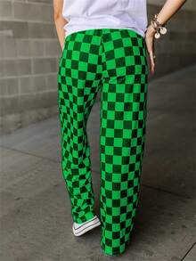 Women Checkered Pants Elastic Waist Loose Wide Leg Checkerboard Pants Y2K Gingham Trousers Lounge Streetwear - 綠色 - 查看 5