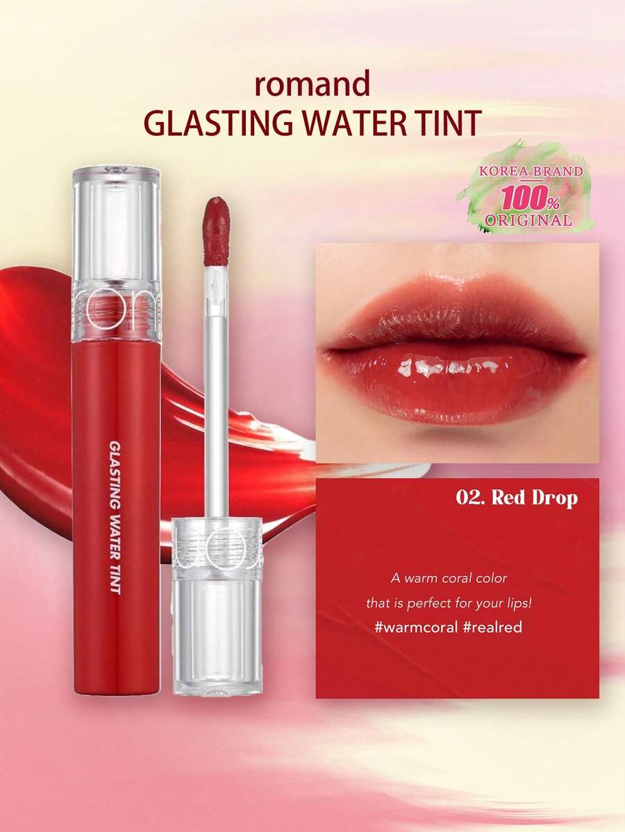 Rom&nd Romand GLASTING WATER TINT 02 红色水滴,透气水润膜融合,轻盈玻璃光泽,彩虹渐变技术,蜜桃茶啫喱透明,玫瑰金星尘薄纱,哑光薄荷氧气光泽,迷你SOS补妆棒,纯素假日限量版,裸妆轻盈秘诀,韩妆,4克/0.14盎司 - 02 RED DROP - 查看 1