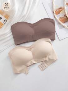 2 Pieces Front Closure Solid Color Strapless Comfort Padded Lace Bralette, Wireless Seamless Pushup Bra For Women