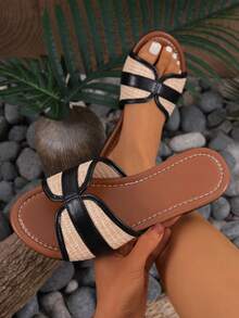 2025 New Bohemian Fashion Family Simple Comfortable Beach Party Office Home Outdoor Summer Casual Versatile Peep Toe Slip-On Women Sandals - Black - View 3