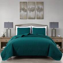 Austin Oversized Bedspread Set 3-Piece Ultrasonic Quilted Soft Lightweight Microfiber Coverlet For All Season - 青色 - 查看 1