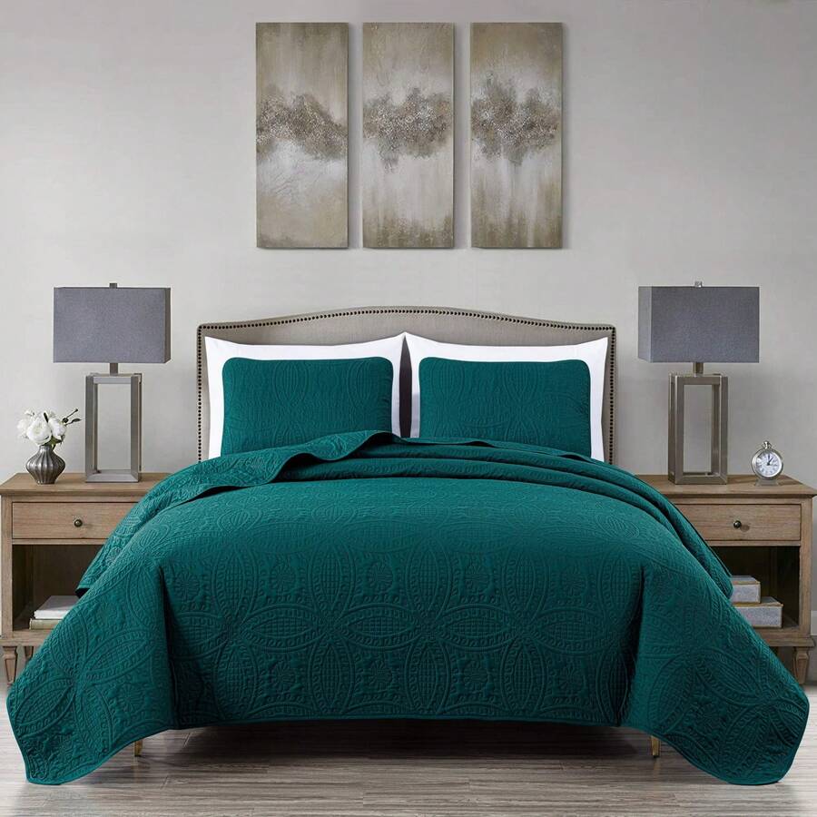 Austin Oversized Bedspread Set 3-Piece Ultrasonic Quilted Soft Lightweight Microfiber Coverlet For All Season - 青色 - 查看 1