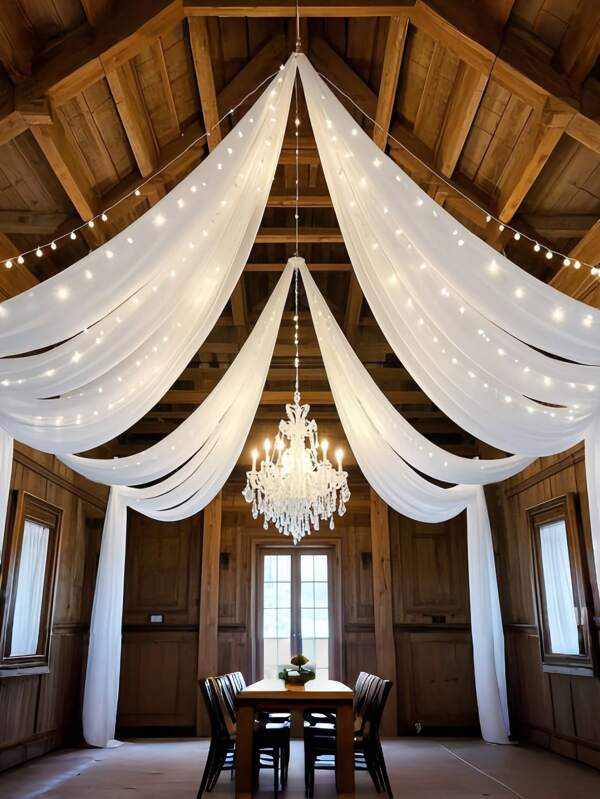 2pcs 26ft Wedding Sheer Drapes, White Chiffon Fabric Drapery Roof Ceiling Decor, For Wedding, Home, Room Decor, Bride Shower Birthday Party, Graduation, Hotel Decoration