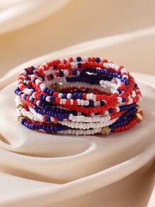 14pcs Bohemian Style Beaded Bracelet Set, Simple & Fashionable, Handmade With Red White Blue Seed Beads & Stars, Elastic Design, Suitable For Women, Perfect Gift For USA Independence Day, Party, Bar, Work, Casual Occasions