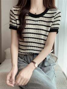 女士夏季时尚黑白条纹针织上衣，宽松女孩时尚短袖 - 黑與白 - 查看 1