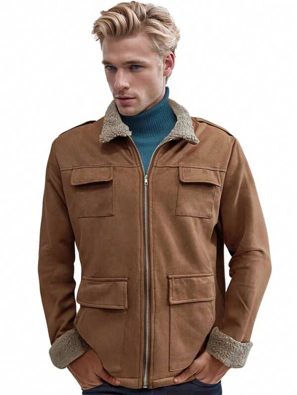 Men's Fashion Collar Zipper Thickened Overcoat With Cuff Design, Autumn/Winter