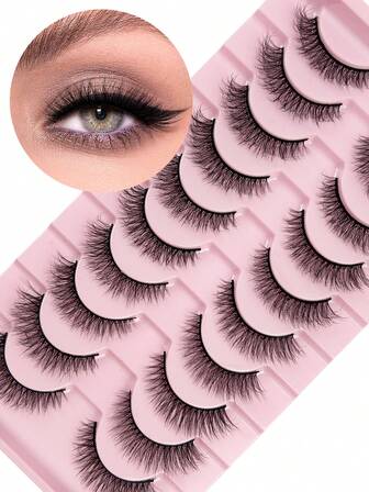 Hinarin 10 对猫眼睫毛 3D 全条睫毛 纤细交叉仿貂皮睫毛 自然长假睫毛 柔软睫毛 适合日常佩戴 适合初学者 条状睫毛、睫毛、睫毛、假睫毛