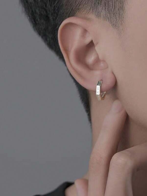 Brincos masculinos de titânio ousados - 2 argolas geométricas ousadas com borda de algarismos romanos, joias góticas e Y2K, presentes para pais, formaturas e mês do orgulho (aço preto)