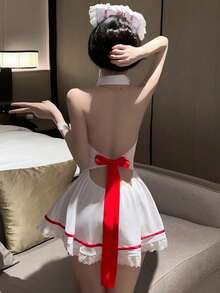 1 Set Lencería Sexy de Enfermera para Mujer, Incluye Uniforme de Enfermera, Camisón, Cintas, Encaje, Tanga y Tocado (Para Juegos de Rol) Halloween - Rojo y blanco - Ver 4