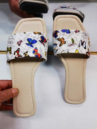 2025 Spring New Butterfly Pattern Slide Sandals, Flat Slip-On Floral Print Random, Outdoor Casual Slip-On Women Beach Shoes