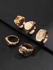 5pcs Fashion Punk Liquid Geometric Metal Rings With Rhinestone, Adjustable Knuckle Rings - Yellow Gold - View 2