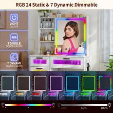 HNEBC RGB Makeup Vanity Desk With Wireless Charging Station,7 Dynamic And 7 Static Dimmable Vanity Table With Glass Desktop,Vanity Mirror With Lights Desk&Chair,8 Drawers,Stool - White - View 6