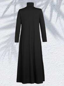 Women's Long-Sleeved Turtleneck Dress Solid Color Casual Swing Dress T-Shirt Dress (With Pockets)