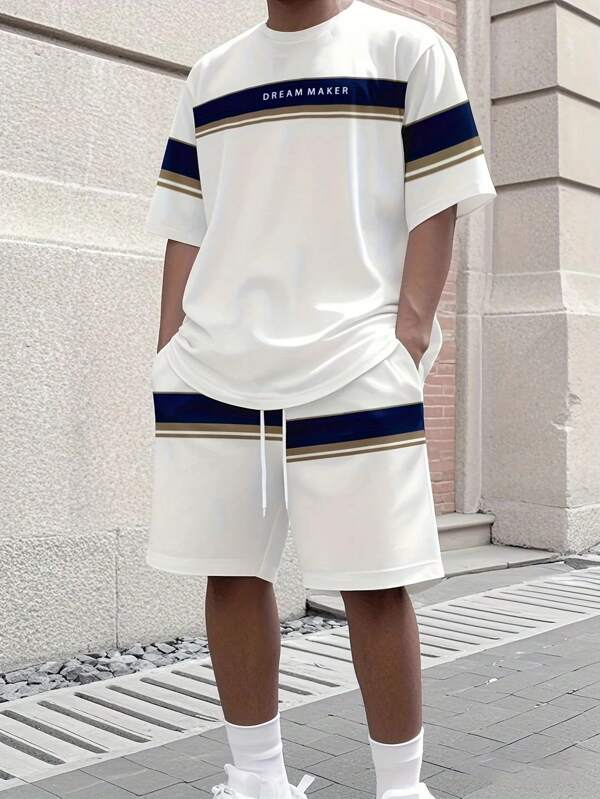 1 conjunto Ropa deportiva casual de verano para hombre, camiseta de cuello redondo y shorts de punto de poliéster, transpirable y elástico, ropa deportiva de unicolor para entrenamiento y ocio