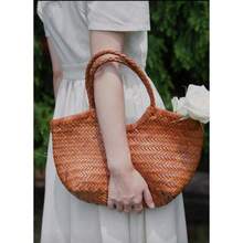 French Vintage Woven Leather Basket Women's Bag - 黃棕 - 查看 4
