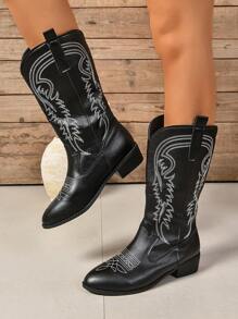 Women's Embroidered Chunky Heel Cowboy Boots, Fashion Party Western Boots