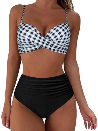 Boho High Waist Bikini Set With Gingham Print Wrap Top And Spaghetti Straps, High Stretch Swimsuit
